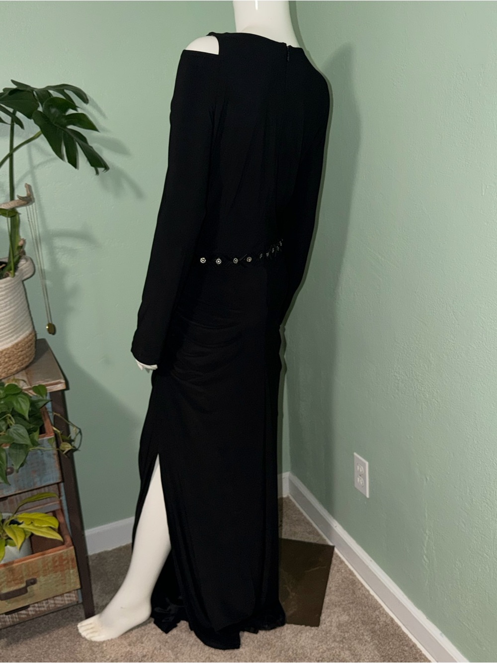 Laundry By Shelli Segal Black Long Sleeve Maxi Dress with Sequin Waist - Picture 7 of 12